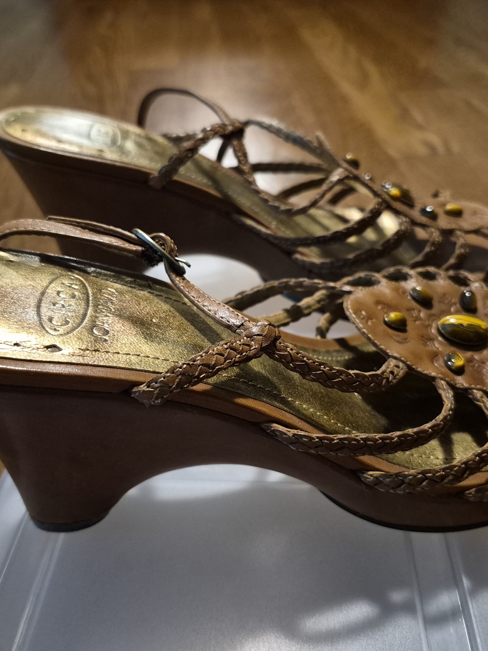 Braided Strappy Wedge Sandal with Amber Bead Accents - Brown